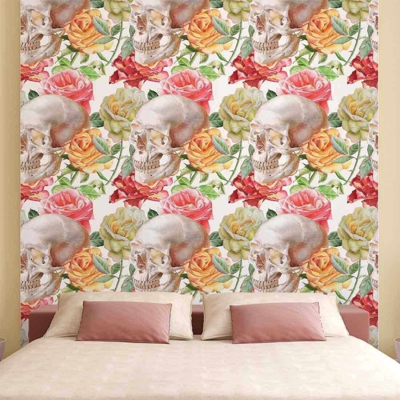 PAPEL DE PAREDE ADESIVO Caveiras Flores 77315122 - Papel na Parede