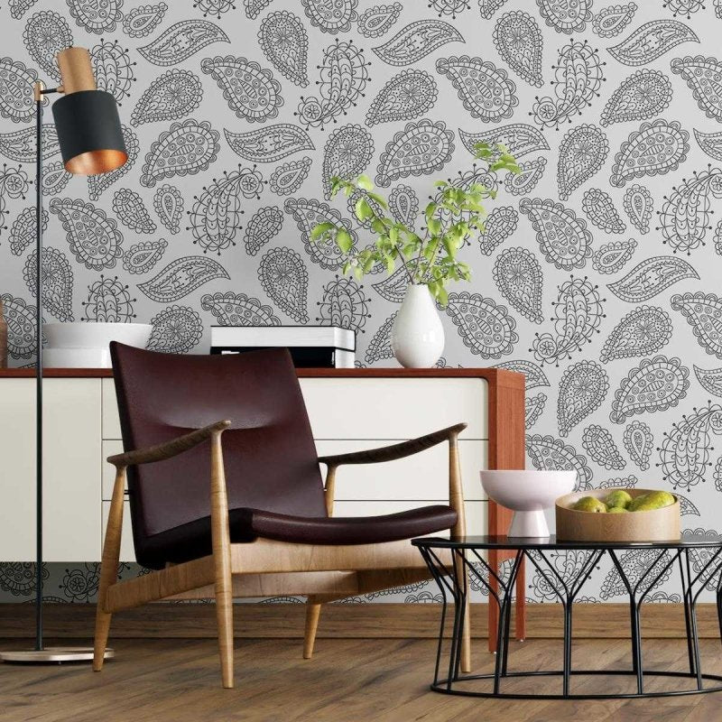 Papel de Parede Adesivo Caxemira Preto e Branco N04143 - Papel na Parede