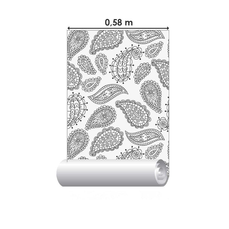 Papel de Parede Adesivo Caxemira Preto e Branco N04143 - Papel na Parede