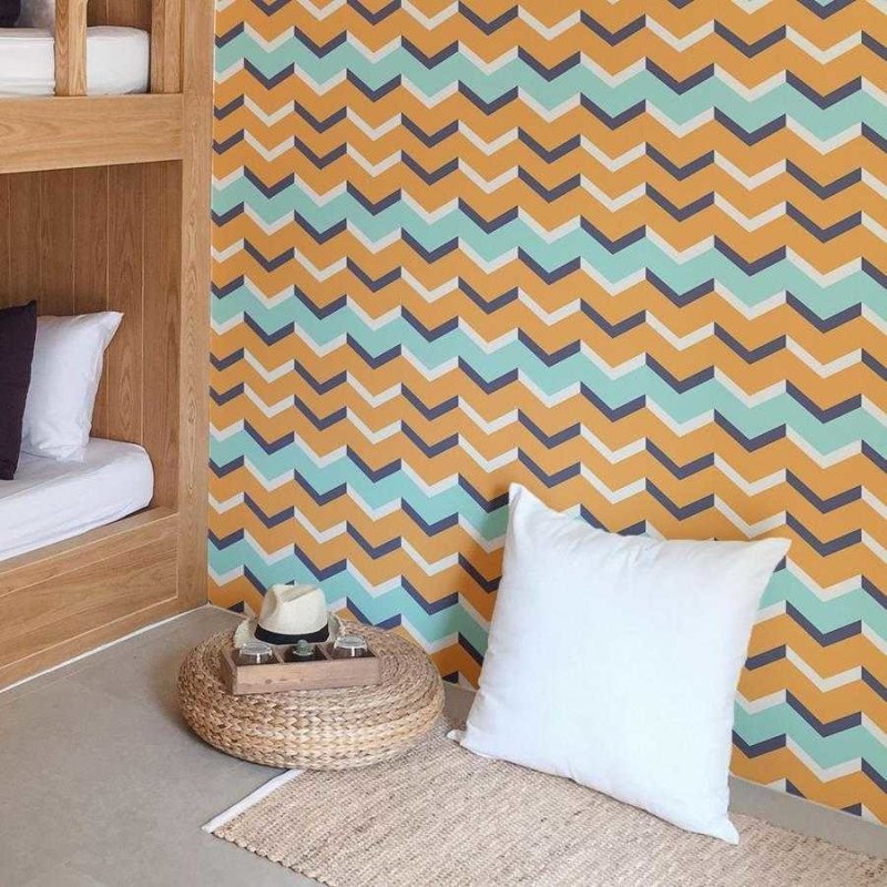 Papel de Parede Adesivo Chevron Laranja Azul e Branco N06124 - Papel na Parede