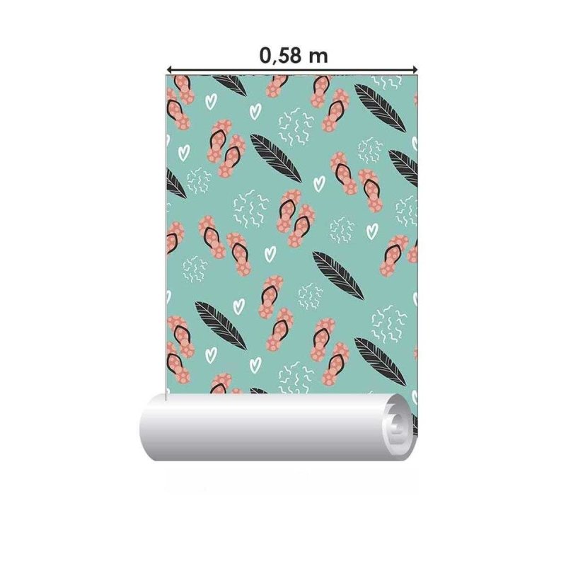 Papel de Parede Adesivo Chinelos Folhas e Coração N05296 - Papel na Parede