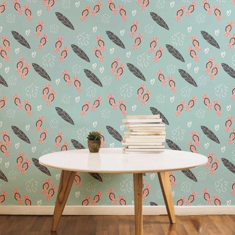 Papel de Parede Adesivo Chinelos Folhas e Coração N05296 - Papel na Parede