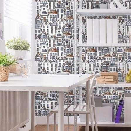 Papel de Parede Adesivo Cidade Casas Azul 518513743 - Papel na Parede