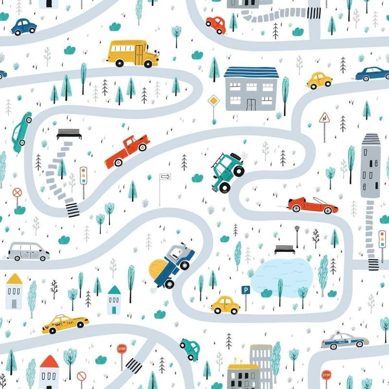 Papel de Parede Adesivo Cidade com Carros Colorida N05003 - Papel na Parede