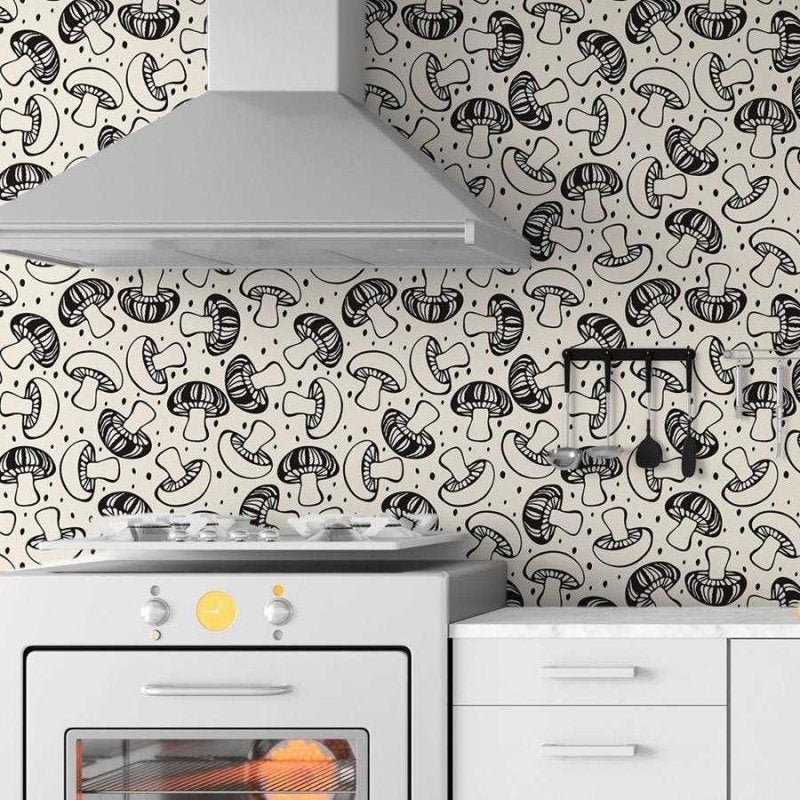 Papel de Parede Adesivo Cogumelos Preto e Off White N06091 - Papel na Parede
