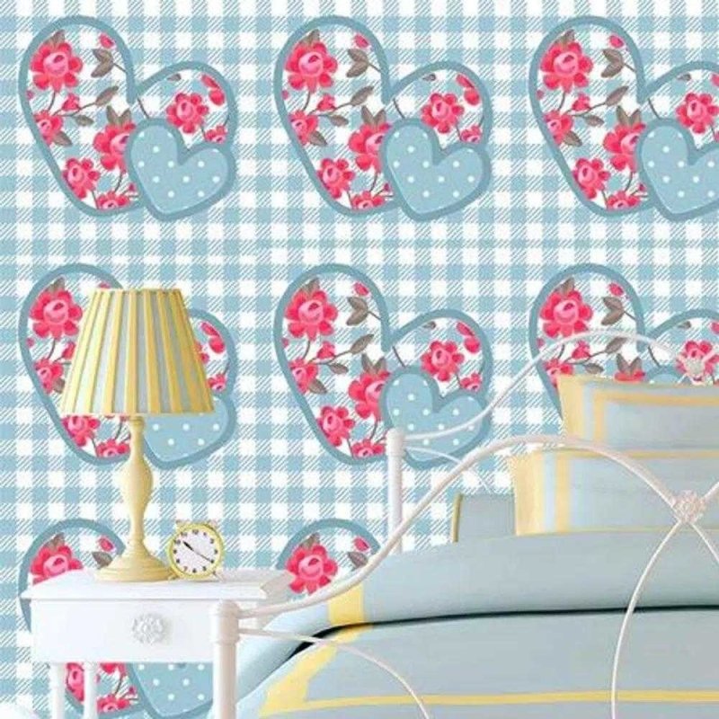 Papel de Parede Adesivo Coração Xadrez Floral Azul 849175631 - Papel na Parede