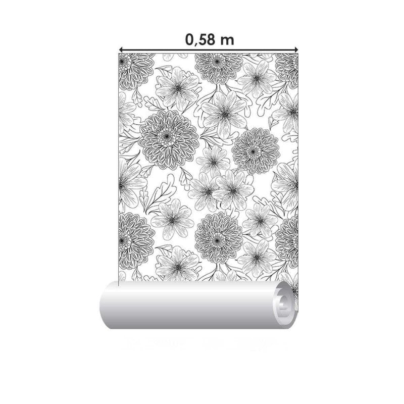 Papel de Parede Adesivo Crisântemos Preto e Branco N04164 - Papel na Parede