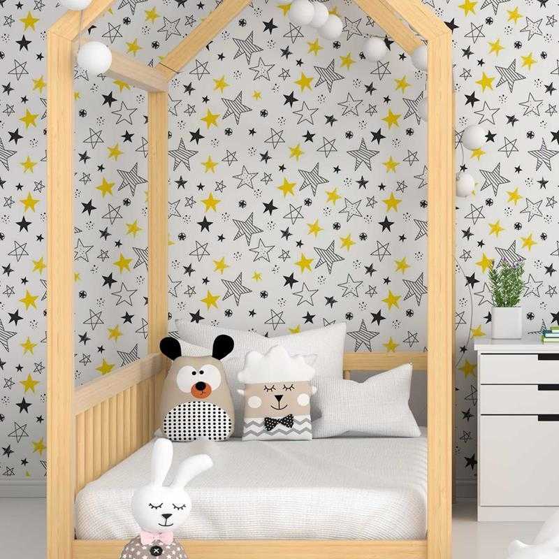 Papel de Parede Adesivo Desenho Estrelas Preto e Amarelo N05026 - Papel na Parede