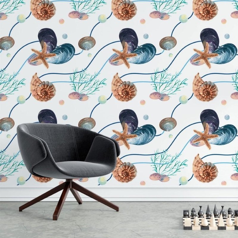 Papel de Parede Adesivo Estrelas do Mar E Conchas N015114 - Papel na Parede