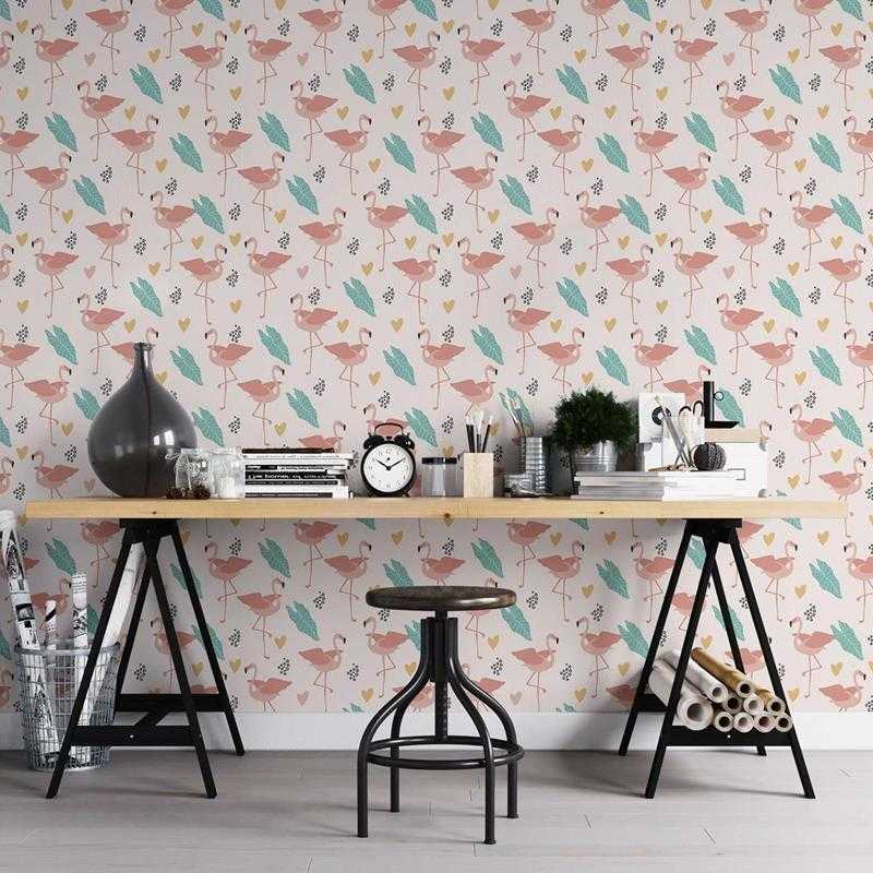 Papel de Parede Adesivo Flamingo Folhas Corações N05193 - Papel na Parede