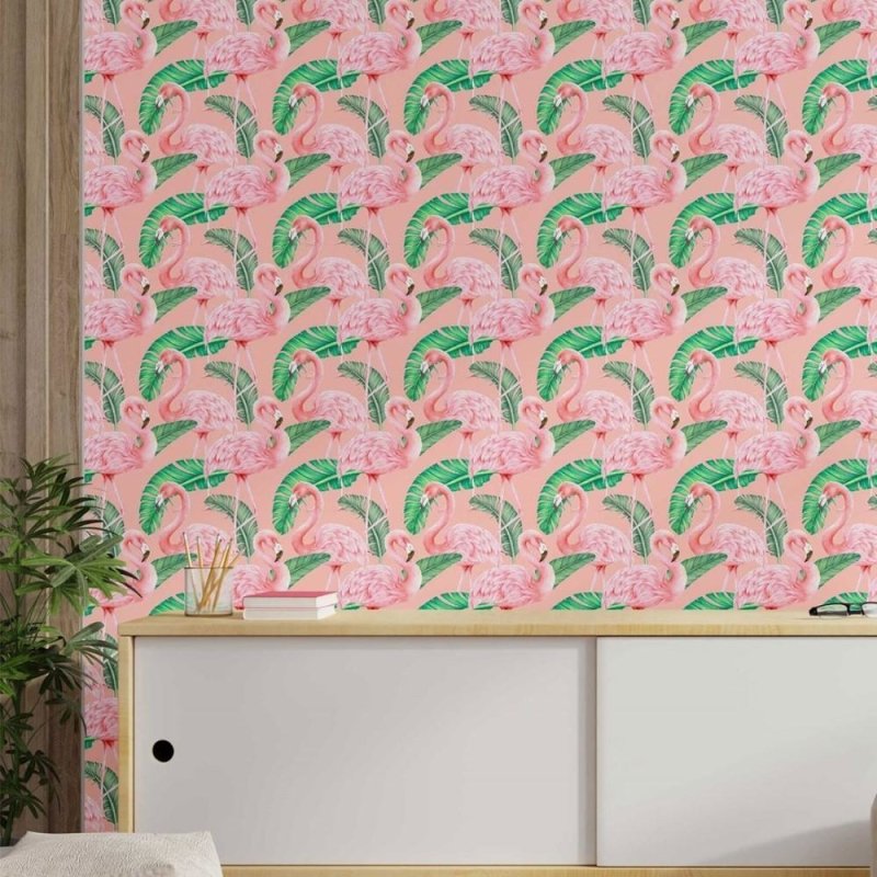 Papel de Parede Adesivo flamingos e folhas N014052 - Papel na Parede