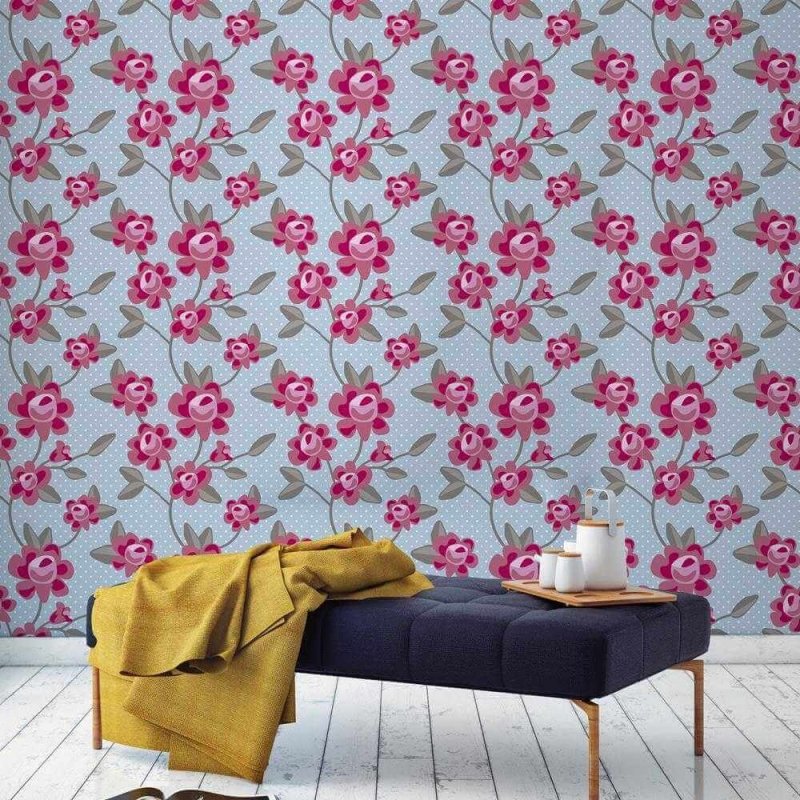 Papel de Parede Adesivo Floral Azul e Rosa 849175637 - Papel na Parede