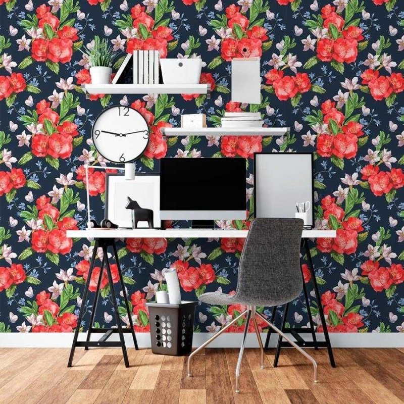 Papel de Parede Adesivo Floral em Fundo Preto N06102 - Papel na Parede