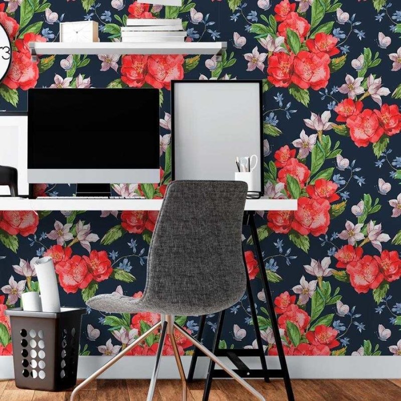 Papel de Parede Adesivo Floral em Fundo Preto N06102 - Papel na Parede