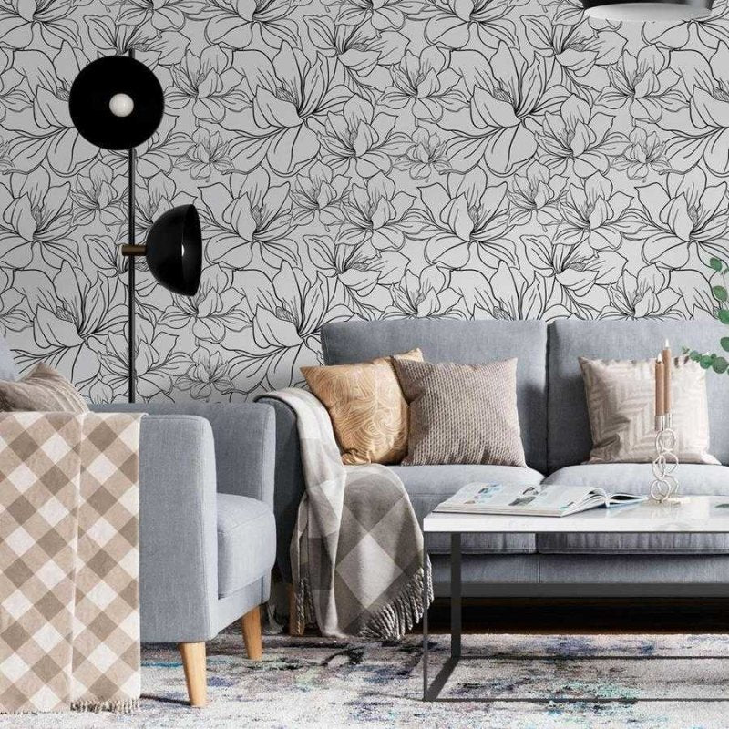 Papel de Parede Adesivo Floral Linhas Preto e Branco N06096 - Papel na Parede