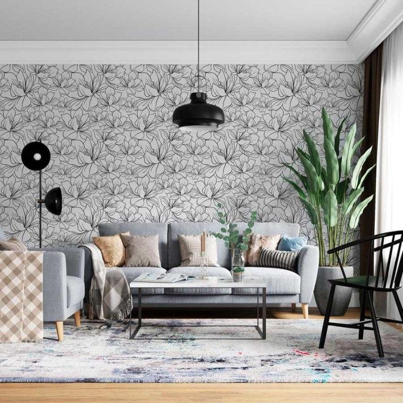 Papel de Parede Adesivo Floral Linhas Preto e Branco N06096 - Papel na Parede