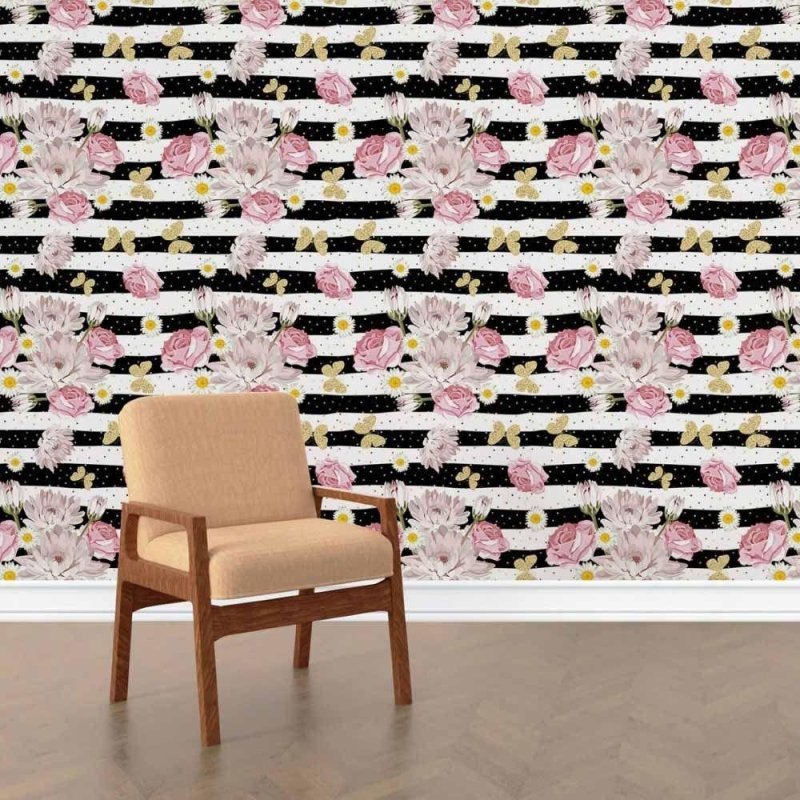 Papel de Parede Adesivo Floral Listrado N015051 - Papel na Parede