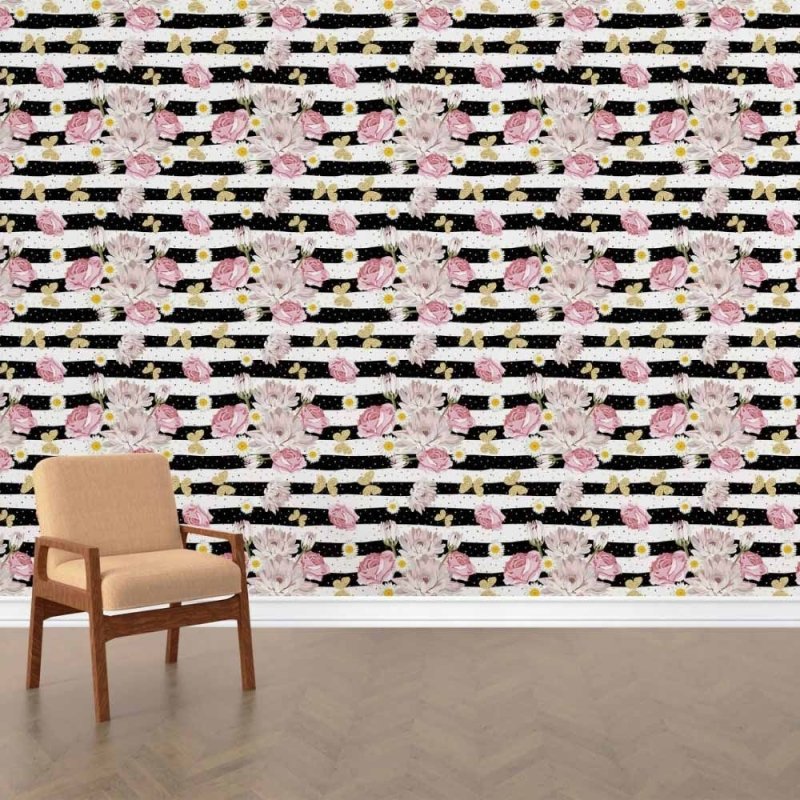 Papel de Parede Adesivo Floral Listrado N015051 - Papel na Parede