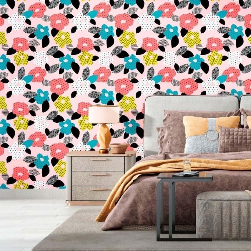 Papel de Parede Adesivo Floral Poá e Chevron N012047 - Papel na Parede