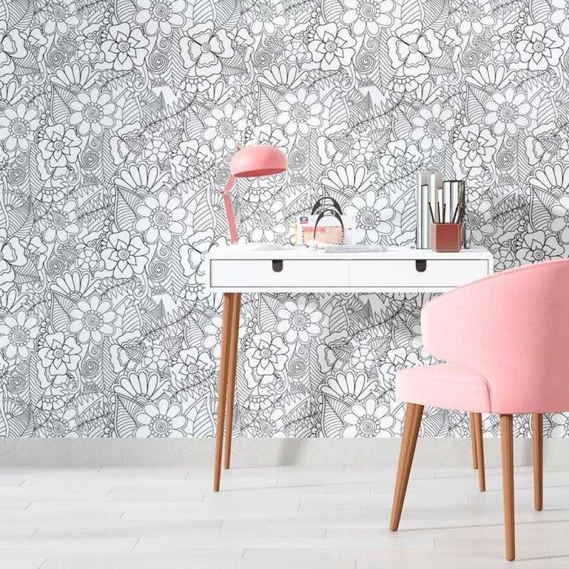 Papel de Parede Adesivo Floral Preto e Branco N010117 - Papel na Parede