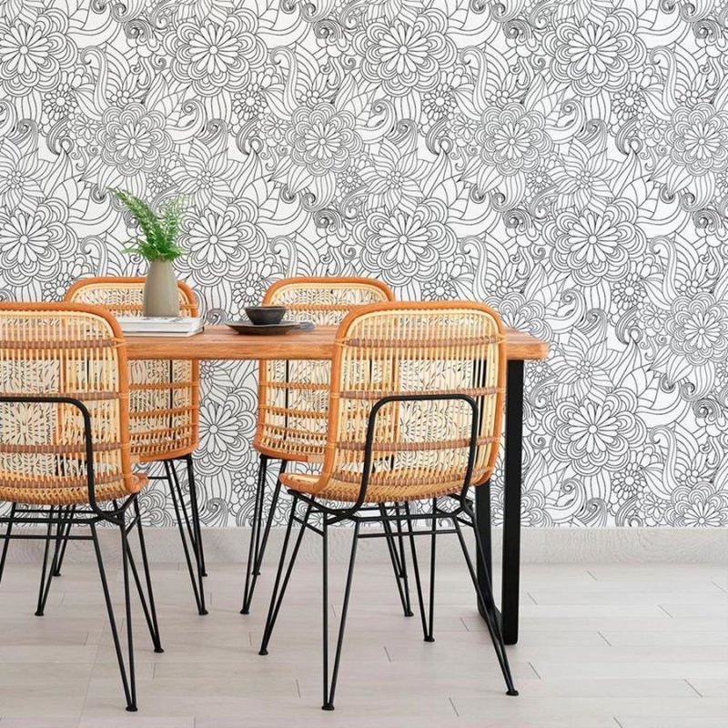 Papel de Parede Adesivo Floral Preto e Branco N010118 - Papel na Parede