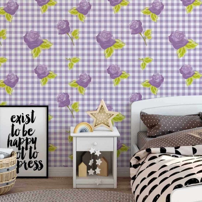 Papel de Parede Adesivo Floral Xadrez Roxo 5924655 - Papel na Parede