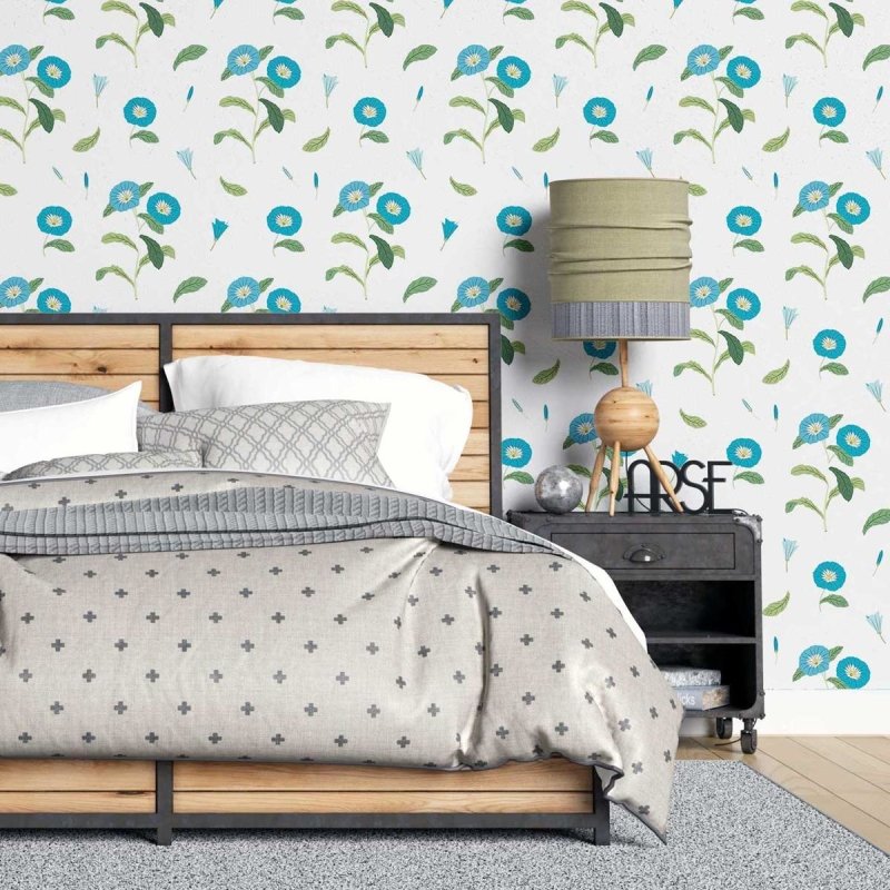 Papel de Parede Adesivo Flores Azuis Fundo Branco N07013 - Papel na Parede