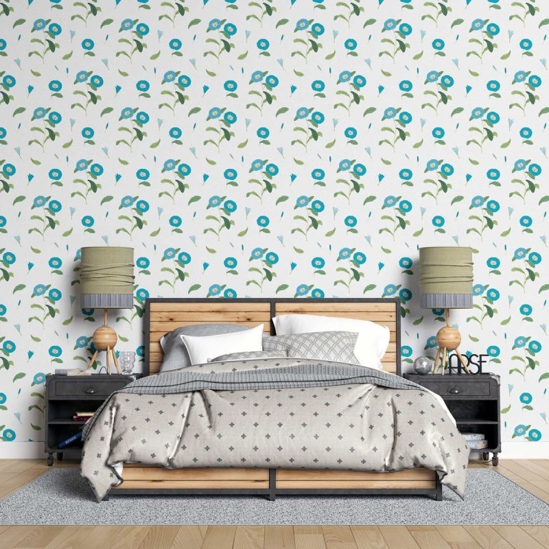 Papel de Parede Adesivo Flores Azuis Fundo Branco N07013 - Papel na Parede