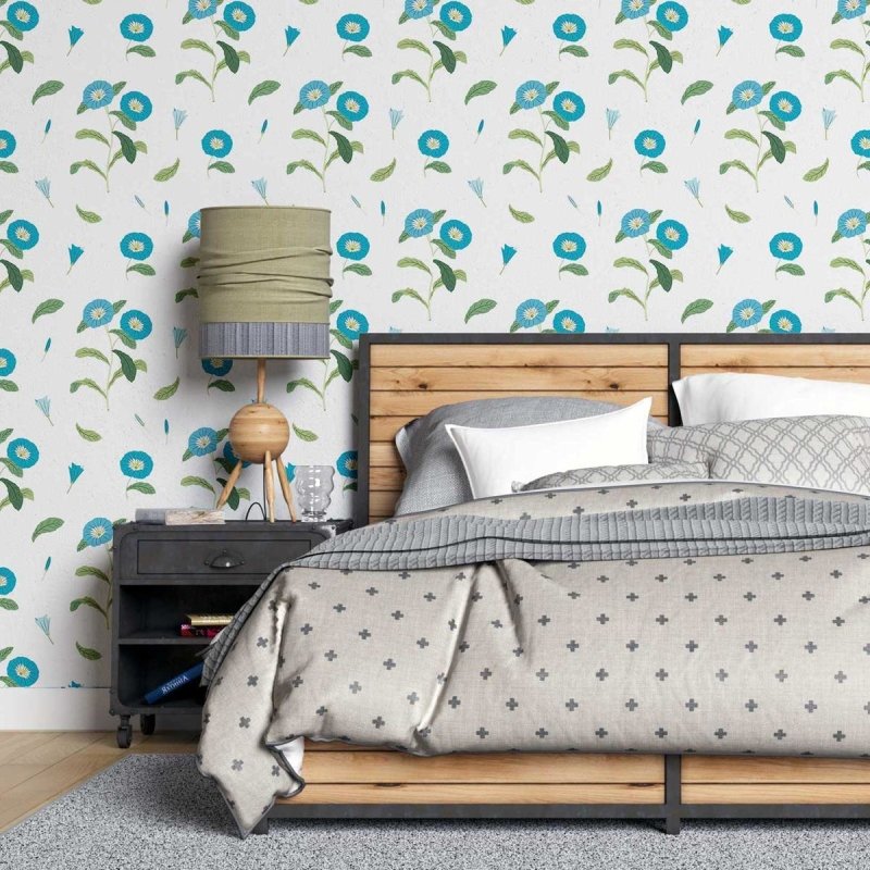 Papel de Parede Adesivo Flores Azuis Fundo Branco N07013 - Papel na Parede