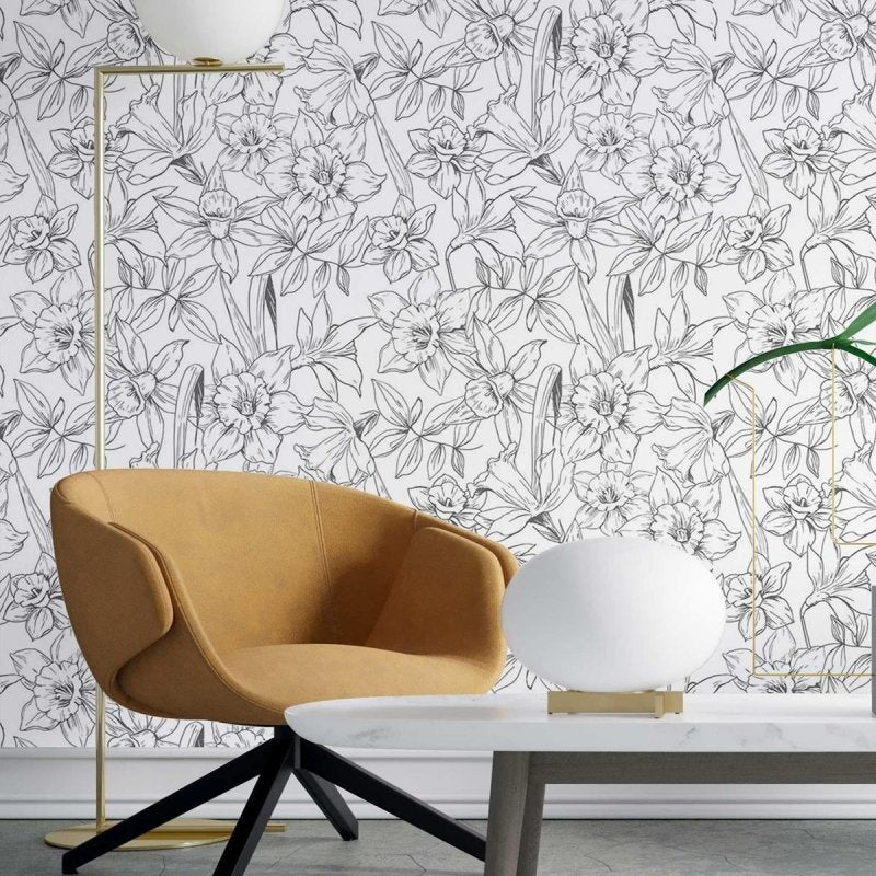 Papel de Parede Adesivo Flores em Preto e Branco N03099 - Papel na Parede