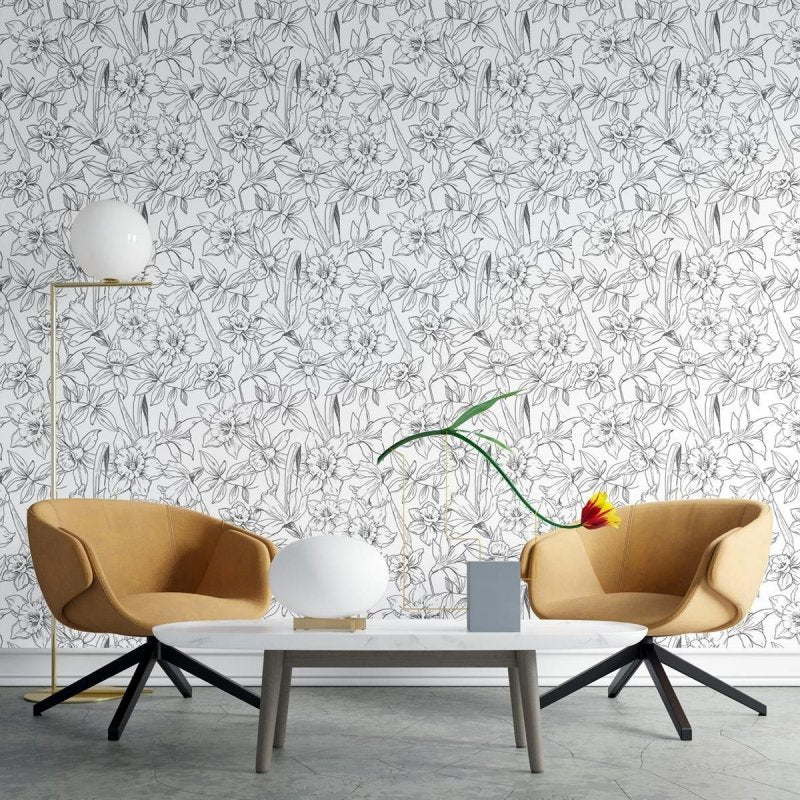 Papel de Parede Adesivo Flores em Preto e Branco N03099 - Papel na Parede