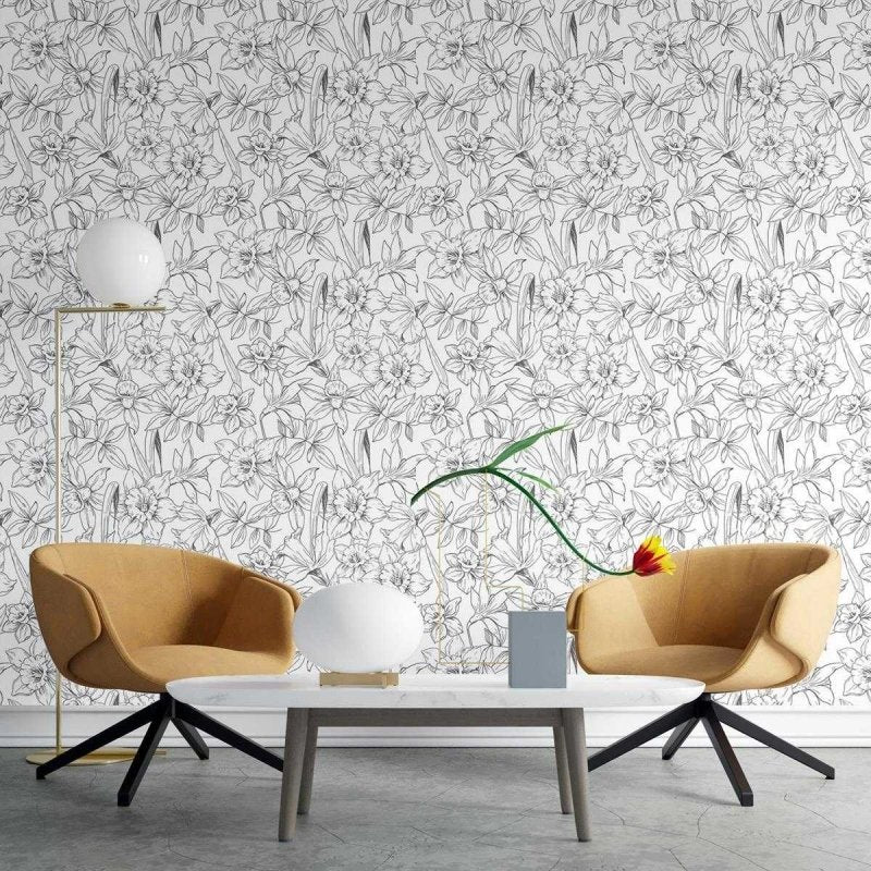 Papel de Parede Adesivo Flores em Preto e Branco N03099 - Papel na Parede