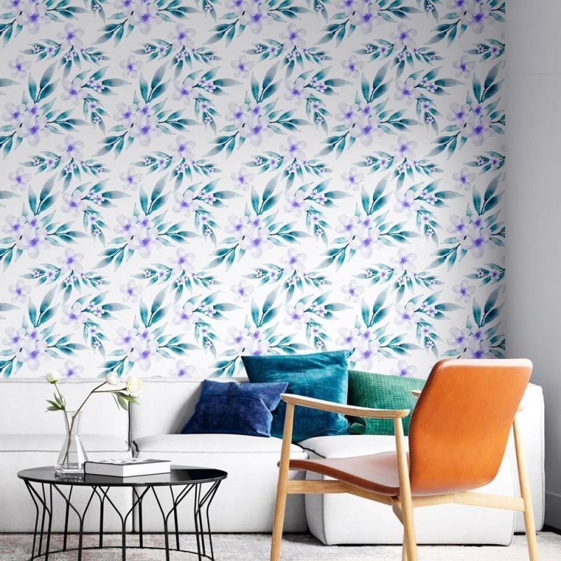 Papel de Parede Adesivo Flores Lilás em Fundo Branco N08002 - Papel na Parede