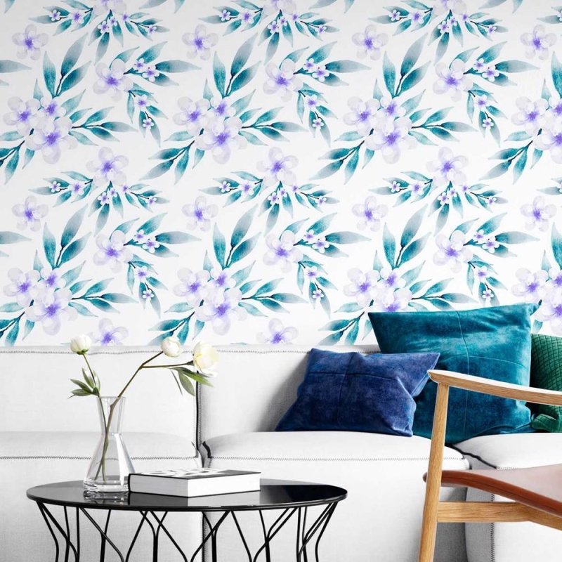 Papel de Parede Adesivo Flores Lilás em Fundo Branco N08002 - Papel na Parede
