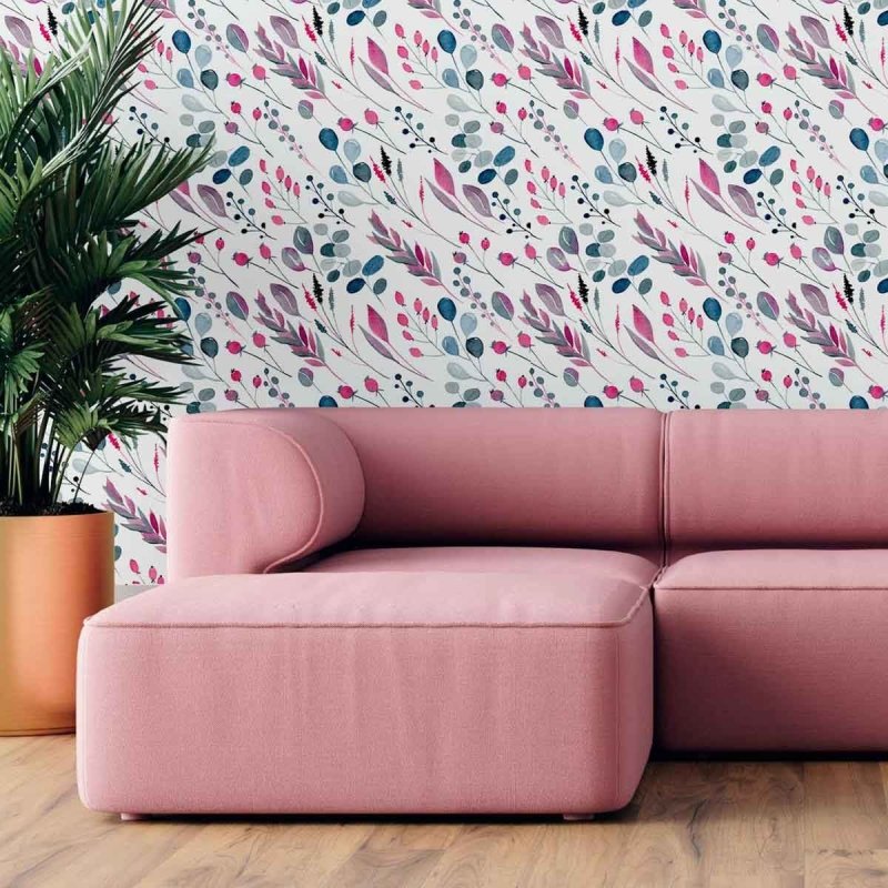 Papel de Parede Adesivo Folhas Aquarela Rosa e Roxo N09021 - Papel na Parede