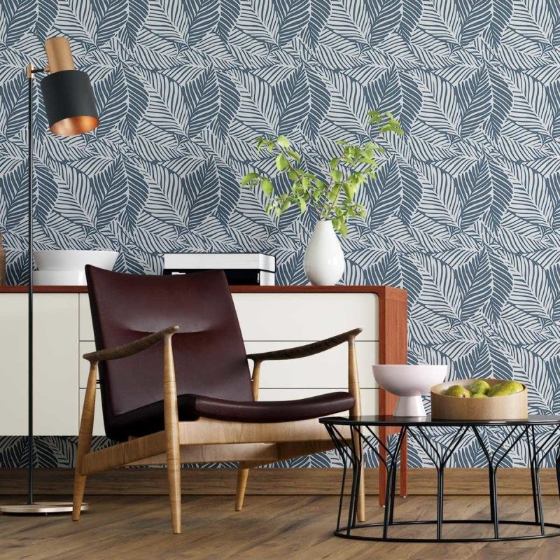 Papel de Parede Adesivo Folhas Azul e Branco N04105 - Papel na Parede