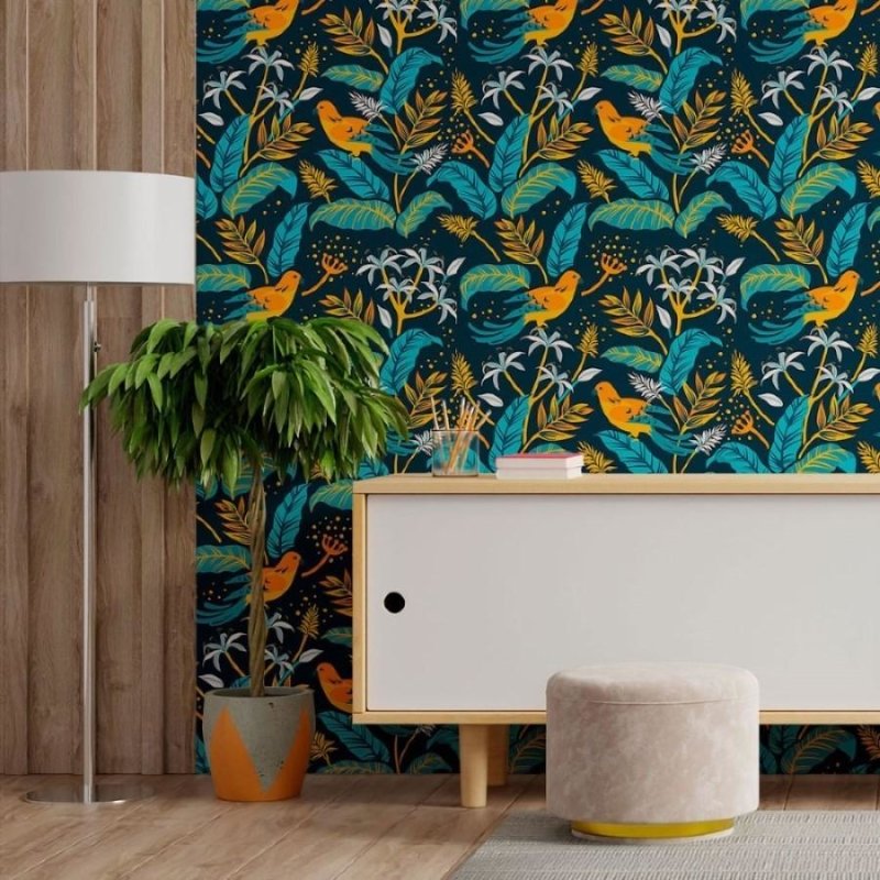 Papel de Parede Adesivo Folhas e Pássaros N013042 - Papel na Parede
