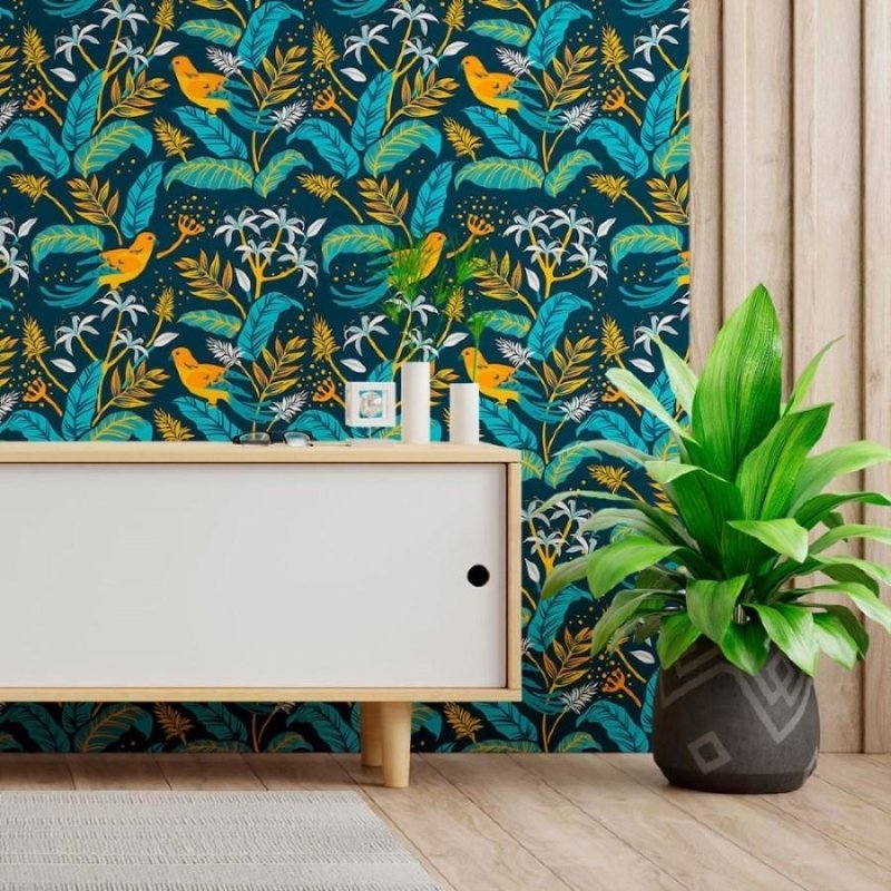 Papel de Parede Adesivo Folhas e Pássaros N013042 - Papel na Parede