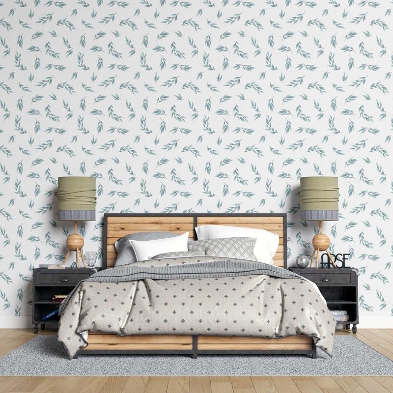 Papel de Parede Adesivo Folhas Minimalistas Verde e Branco N07106 - Papel na Parede