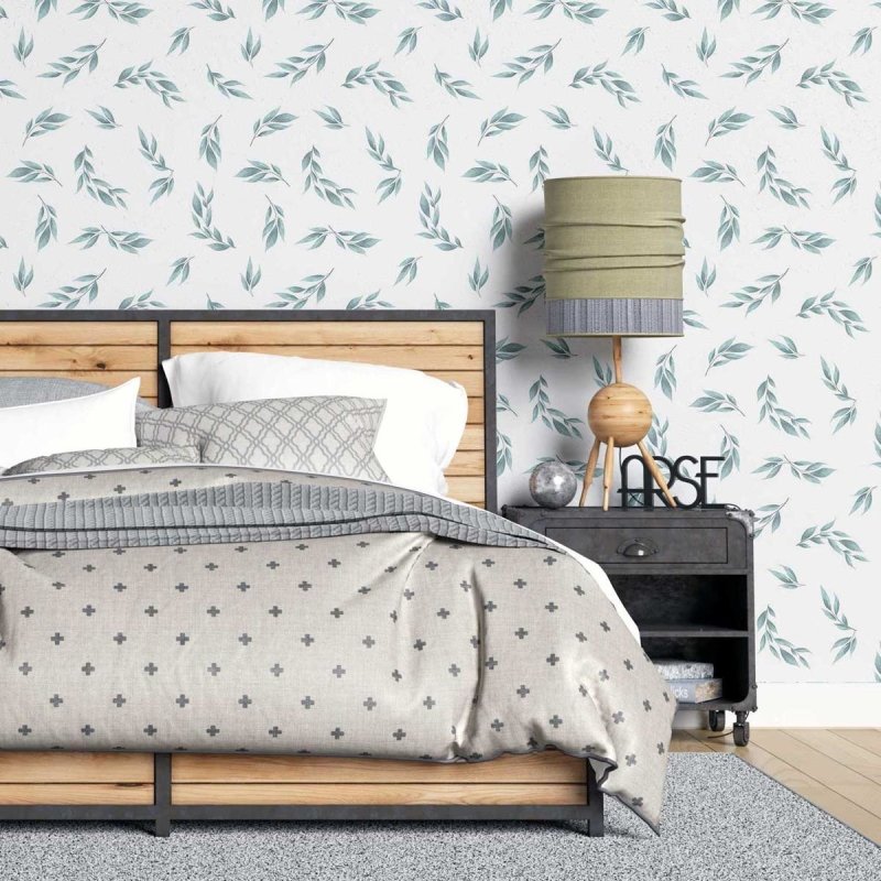 Papel de Parede Adesivo Folhas Minimalistas Verde e Branco N07106 - Papel na Parede