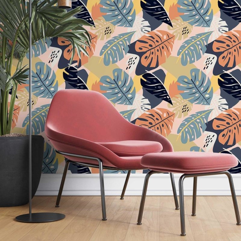 Papel de Parede Adesivo Folhas Tropicais Abstratas Coloridas N07083 - Papel na Parede