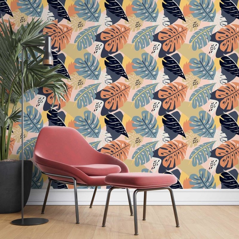 Papel de Parede Adesivo Folhas Tropicais Abstratas Coloridas N07083 - Papel na Parede