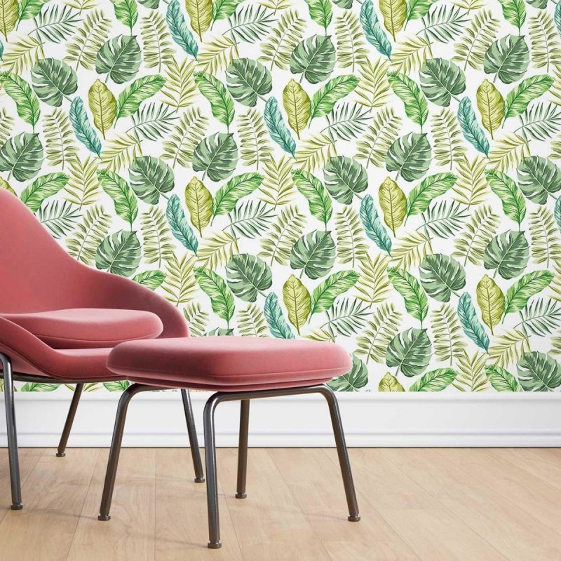 Papel de Parede Adesivo Folhas Tropicais Verde e Branco N07071 - Papel na Parede