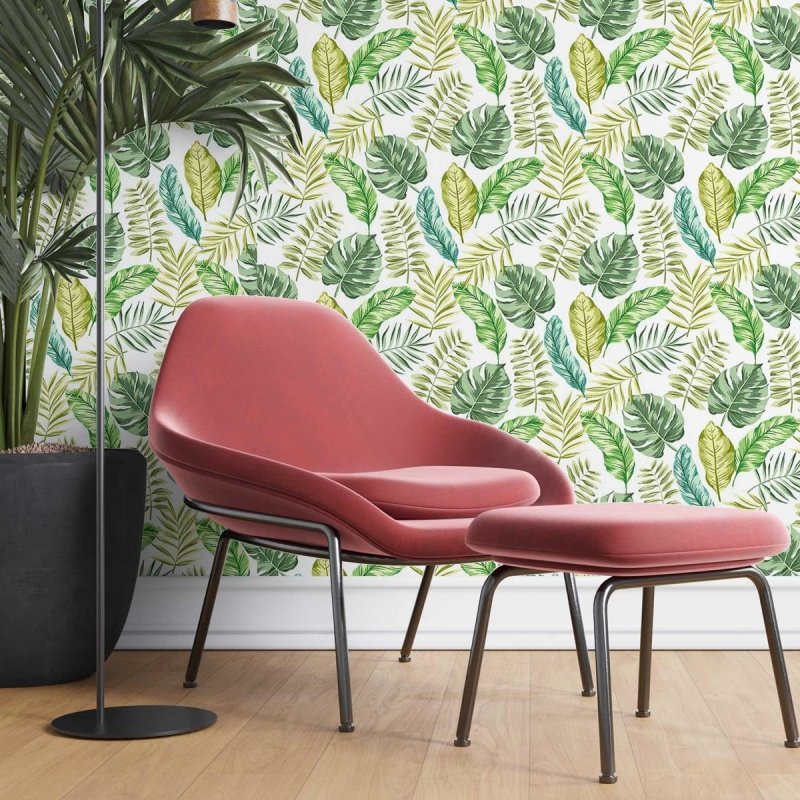 Papel de Parede Adesivo Folhas Tropicais Verde e Branco N07071 - Papel na Parede