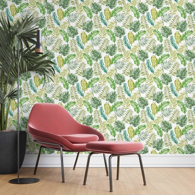 Papel de Parede Adesivo Folhas Tropicais Verde e Branco N07071 - Papel na Parede