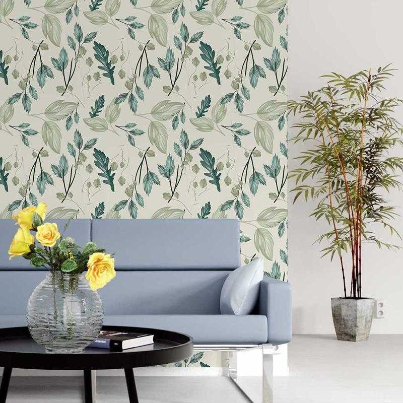 Papel de Parede Adesivo Folhas Verdes em Fundo Branco N05238 - Papel na Parede