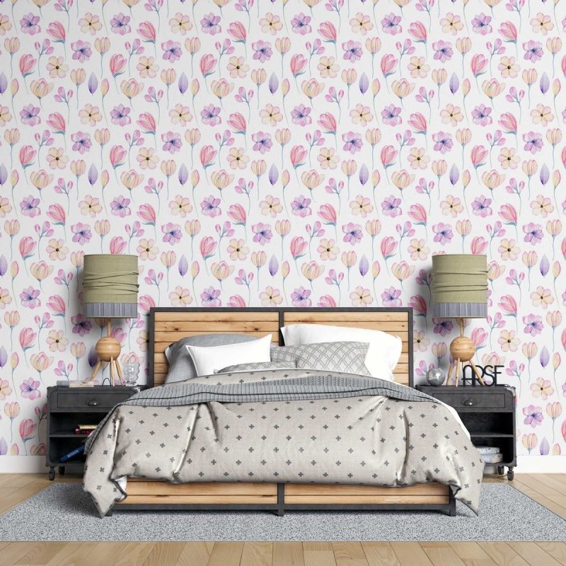 Papel de Parede Adesivo Folores Rosa e Lilás Aquarela N07032 - Papel na Parede