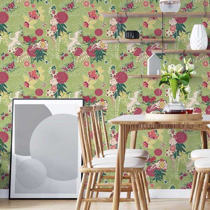 Papel de Parede Adesivo Garça e Flores Japonês N05091 - Papel na Parede