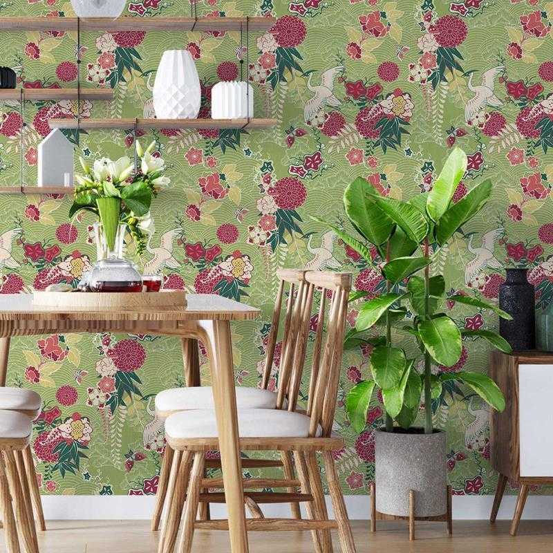 Papel de Parede Adesivo Garça e Flores Japonês N05091 - Papel na Parede