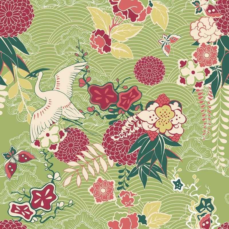 Papel de Parede Adesivo Garça e Flores Japonês N05091 - Papel na Parede